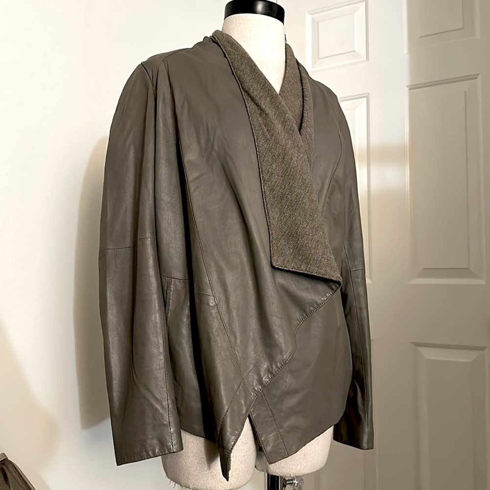 vince. taupe knit leather moto jacket
